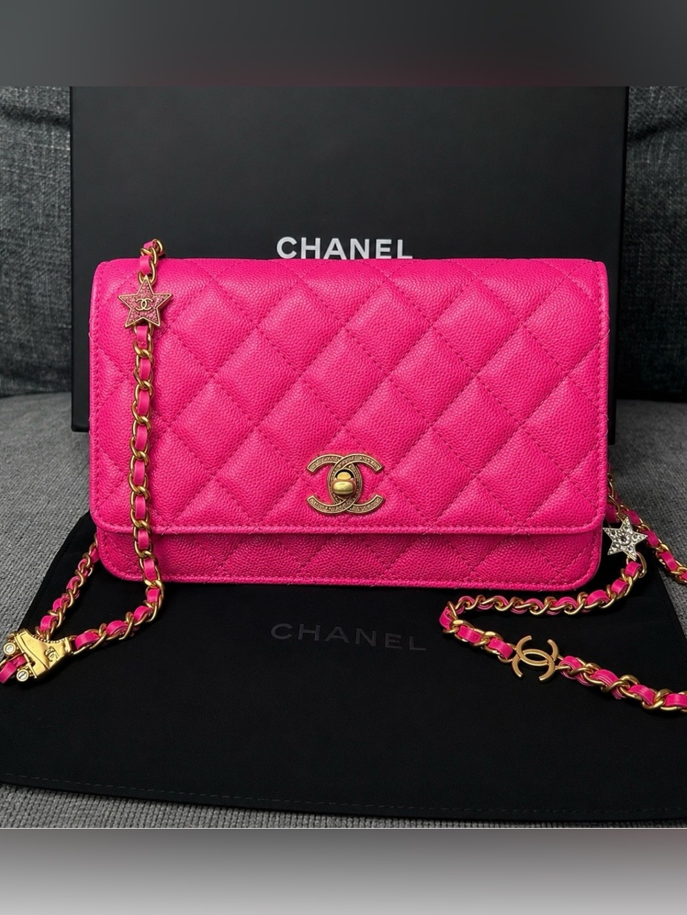 CHANEL CC turnlock caviar leather wallet on chain